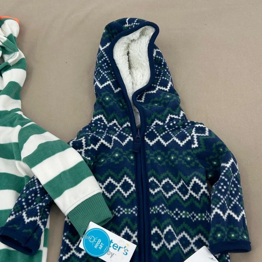 Carter's Fleece Jumpsuit Baby 3M Green Navy Striped Fair Isle‎ Hooded Cozy Dino